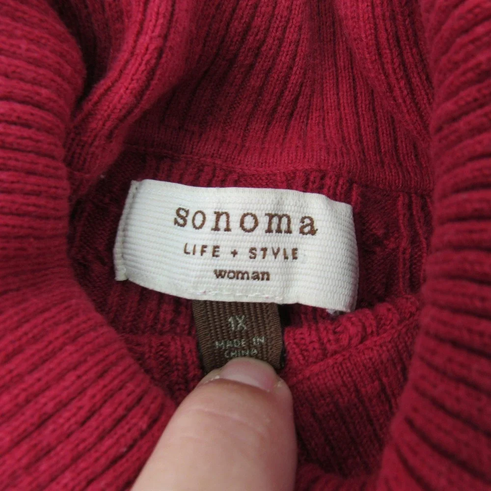 Sonoma Womans Turtleneck Sweater Cable Knit Pullover Cotton Blend‎ 1X Red